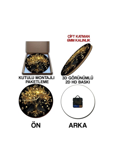 Gold Aura Altın Detaylı Feng Shui Saati" Ahşap Duvar Saati, Kuvars Sdw2020 Renkli