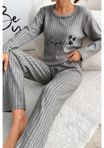 Zhlbutik Genç Baskılı İ Nterlok Pijama Takımı Açık Gri