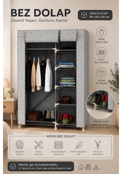 Perilla 63005 Porty Bez Gardırop 99x50x151 Cm Raflı Ve Askılı Kumaş Elbise Dolabı Beyaz