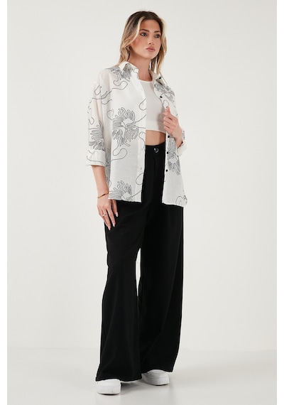 Lela Desenli Regular Fit Uzun Kollu Bayan Gömlek 6773200 Beyaz-Siyah