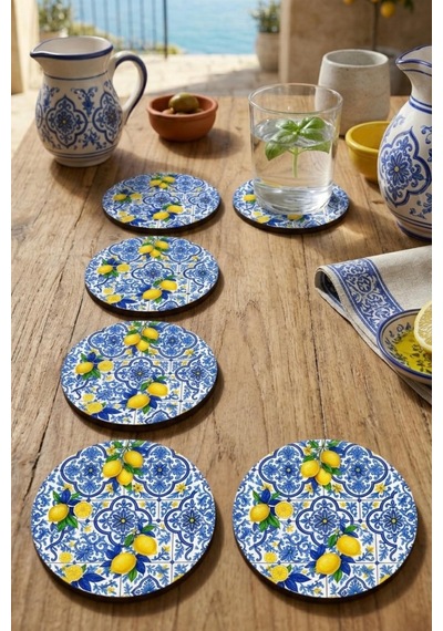 Motifli Ve Limon Desenli Bardak Altlığı 6 Lı Set 9 Cm Mdf Çok Renkli