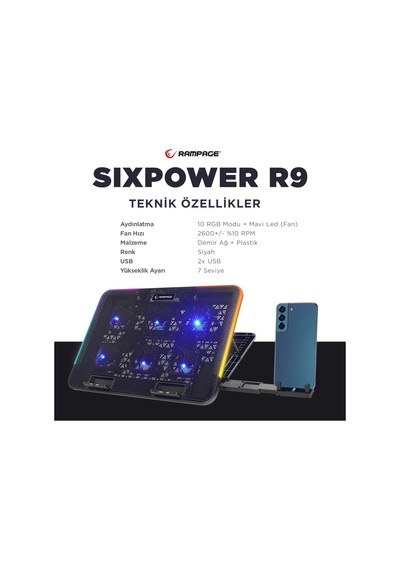 Sıxpower R9 6 Fan Rgb Işıklı Telefon Tutuculu Notebook Soğutucu