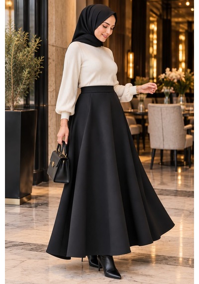 Esra Butik78 Scuba Kumaş Uzun Kloş Etek Siyah&lacivert-100 Cm