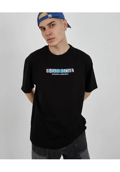 Modi Unisex Bisiklet Yaka Baskılı Oversize T-shirt - Siyah - Mymg180620