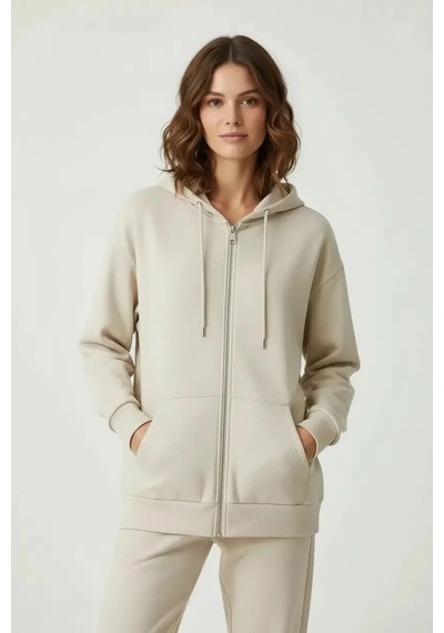 Nazzain Oys Kumaş Fermuarlı Uzun Sweatshirt Taş