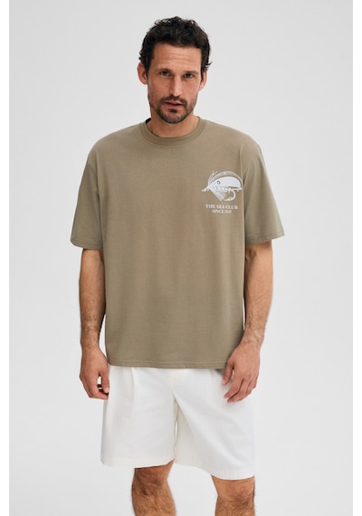 Grımelange Gıganest Erkek %100 Organik Pamuklu Baskı Detaylı Yuvarlak Yaka Haki T-shirt