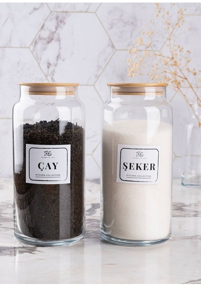 2 Li 1300 Cm Bambu Vakum Kapaklı Cam Çay Şeker Kavanozu Şeffaf Şeffaf