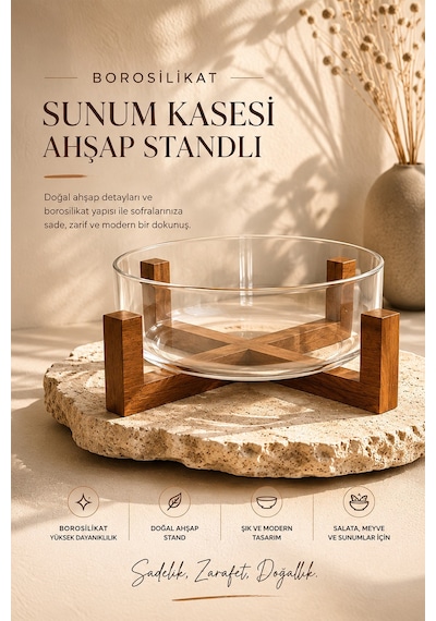 Akasya Standlı Borosilikat Cam Salata Ve Sunum Kasesi - Meyve Sunum Kasesi 2100 Ml Kahverengi