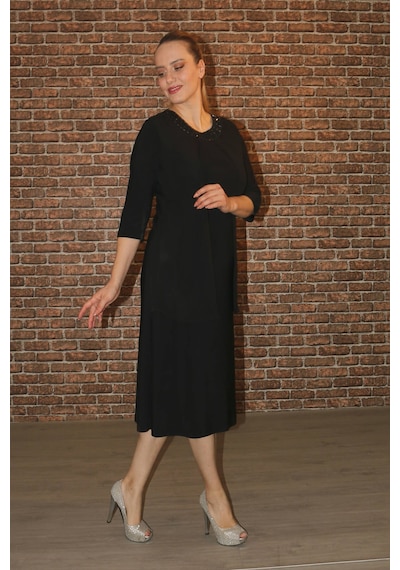Nidya Moda Büyük Beden Kadın Siyah Taşlı Abiye Elbise-4093AS Siyah