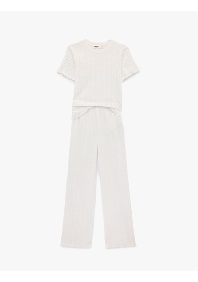 Koton Kısa Kollu Rahat Kesim Pamuklu Pijama Takımı - 2'li Set Ekru Desenli 6slk40091mk