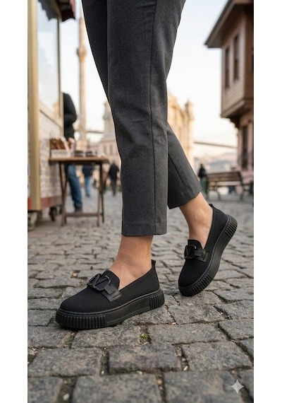 Fort Ventes 346411 Rahat Toka Aksesuarlı Triko Loafer Kadın Ayakkabı Siyah