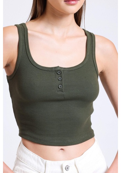 Hiccup Kare Yaka Fitilli Düğmeli Askılı Tank Top Haki Yeşil