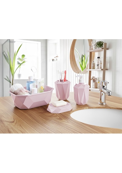 Geometrik Tasarımlı 4 Lü Banyo Seti Sabunluk Diş Fırçalık, Sıvı Sabunluk Sepet Pembe