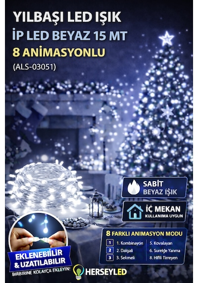 Yılbaşı Led Işık İp Led Beyaz 15 Mt 8 Anımasyon Eklenemez Beyaz