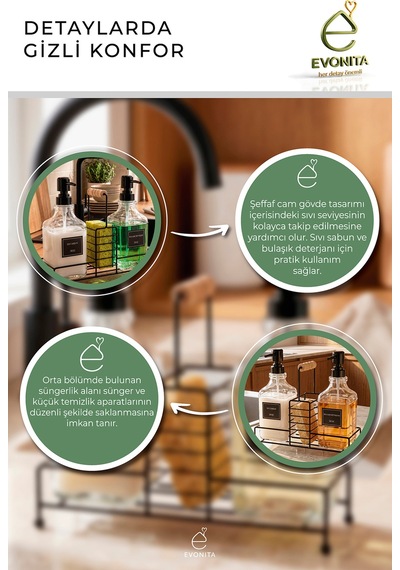 Bambu Standlı Cam Sıvı Sabunluk Seti İkili Deterjanlık Mutfak Banyo Organizer 500 Ml Şeffaf