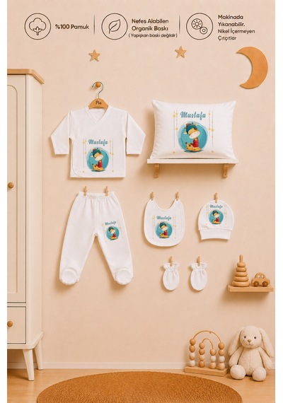 Pia Baby Erkek Bebek İsme Özel Yastık Kılıfı Ve Zıbın Seti %100 Pamuk 6 Parça İsimli Organik Baskı 2082yz0x Ekru