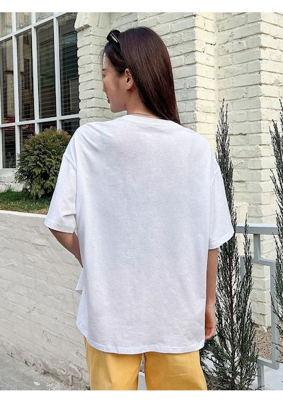 Unisex Beyaz Beauty Baskılı Oversize Bisiklet Yaka T-shirt 001