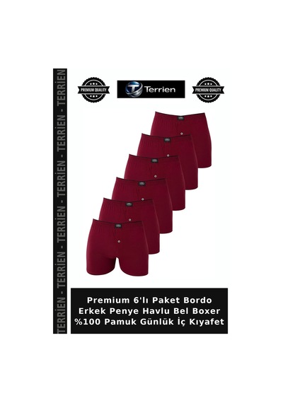 Terrien Premium 6'lı Paket Bordo Erkek Penye Havlu Bel Boxer %100 Pamuk Günlük İç Kıyafet