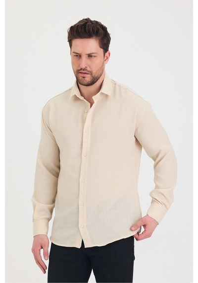 Cool Tarz Erkek Slim Fit Dar Kalıp Uzun Kol Pamuklu Keten Efekt Gömlek Krem Krem