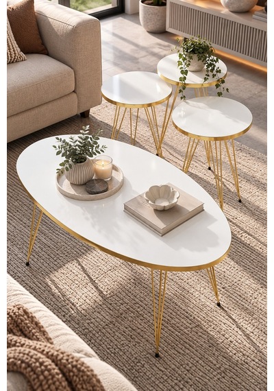 Sulorahome Beyaz Elips Orta Sehpa Ve 3'lü Zigon Sehpa Seti Gold Ayak Altın - Beyaz