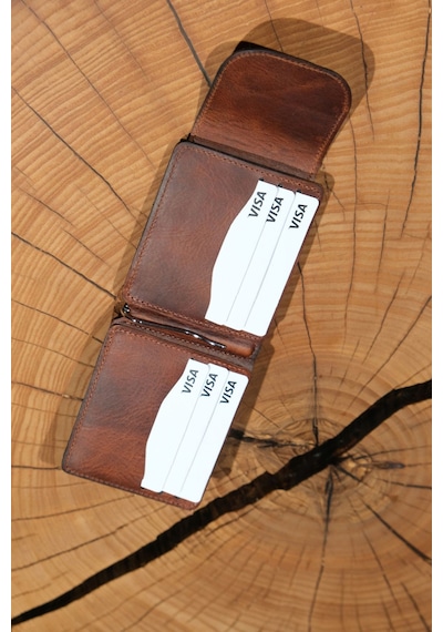 Lenax Leather Mono Klips Hakiki Deri Erkek Cüzdan Nakit Para Klipsli, Mıknatıslı Kapak, Bozuk Para Cepli Taba