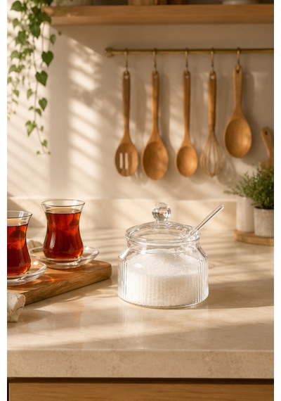 Porsima Lm-0018 Kaşıklı Kapaklı Cam Şekerlik Sunumluk Bal Ve Reçel Kavanozu Saklama Kabı 200ml Şeffaf