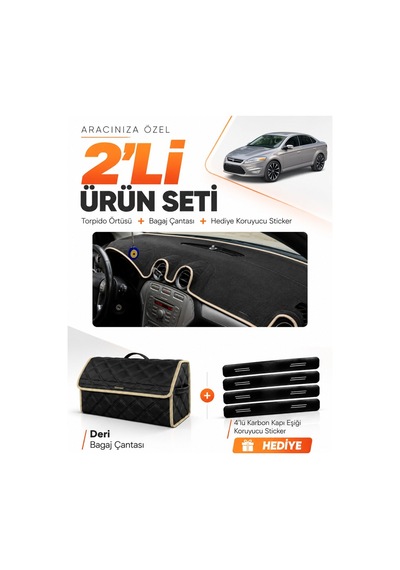 Ford Mondeo Mk4 2008-2014 Uyumlu Torpido Örtüsü + Deri Bagaj Çantası + Sticker Seti - Siyah Bej