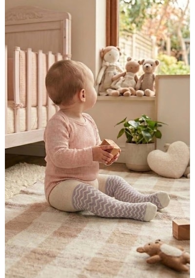 Cocole Socks Kız Bebek Külotlu Çorabı 3'lü Set Pamuklu Zigzag 0-24 Ay Çok Renkli