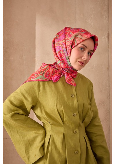 Silk Home Twill İpek Eşarp 11473-24 Pembe, Kırmızı, Biskay Yeşili