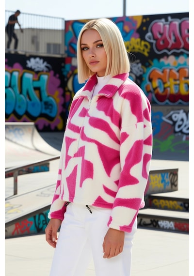 Benerly Kadın Dik Yaka Düşük Kol Fermuarlı Baskılı Örme Sweatshirt Fonksi Fuşya