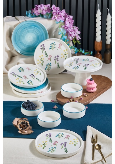 Art Botanical 11 Parça Ayaklı Handmade Premium Kahvaltı Takımı - 6 Kişilik Kahvaltı Takımı Setiü Çok Renkli
