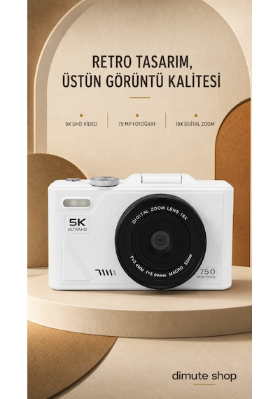 5k Uhd 75 Mp Dijital Kamera 18x Zoom Retro Tasarım Seyahat & Vlog Fotoğrafçılığı Beyaz