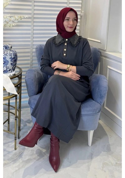 Rabia Şamlı Derya Dantelli Triko Elbise Antrasit Normal