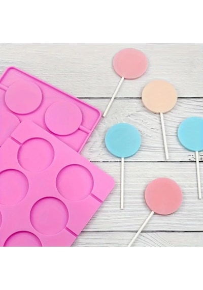 Kalıp Çubuklu Halka Şeker, Çikolata, Dondurma, Lolipop Silikon Kalıbı 8'li Pembe