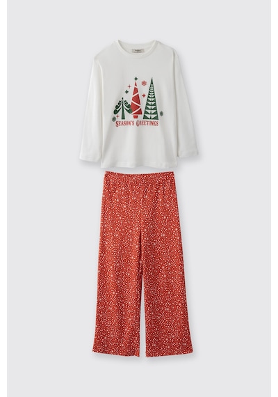 Panço Kız Çocuk Yeni Yıl Desenli Pijama Takımı Kırmızı