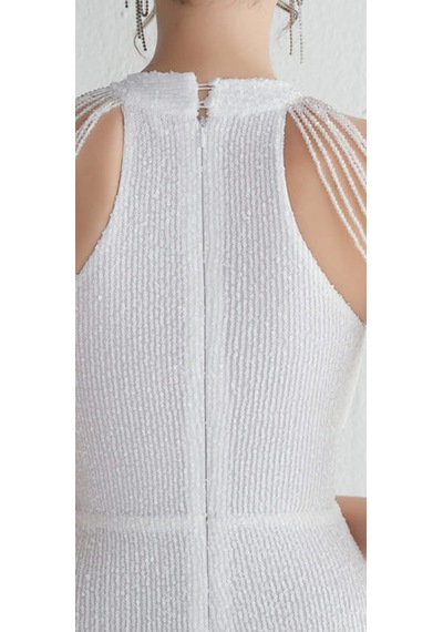 Hanife Glam Couture Hanife Glam Halter Yaka Taş Tasarımlı Pul Payet Abiye Elbise Beyaz
