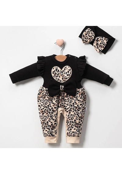 Candar 3-9 Ay Kız Bebek Tulum Leopar Fiyonklu Siyah Siyah