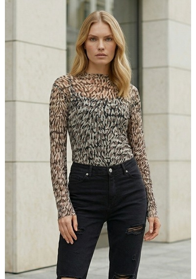 Kadın Leopar Desenli Transparan Bluz Tül Uzun Kollu Slim Fit Body Bluz