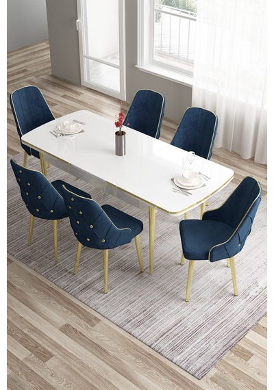 Canisa Tia Serisi 80x132 Açılabilir Mdf Mutfak Masası Takımı Beyaz Masa Gold Detay 6 Lacivert Sandalye Masa Beyaz Sandalye Lacivert Canisa Tia Serisi 80x132 Açılabilir Mdf Mutfak Masası Takımı Beyaz Masa Gold Detay 6 Lacivert Sandalye Masa Beyaz Sandalye Lacivert
