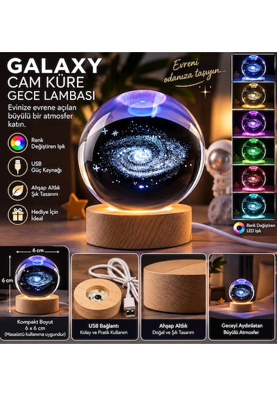 Galaxy Cam Küre Gece Lambası Usb Li Renk Değiştiren Ahşap Altlıklı Dekoratif Masa Lambası 6 Cm Şeffaf