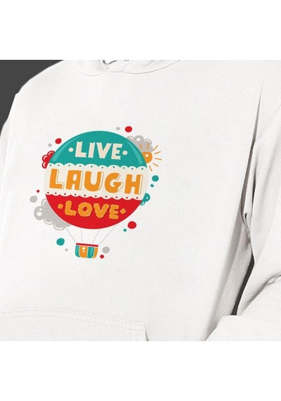 Sevgililer Gününe Özel Live Laughe Love Temalı Cepli Kapşonlu Sweatshirt Beyaz