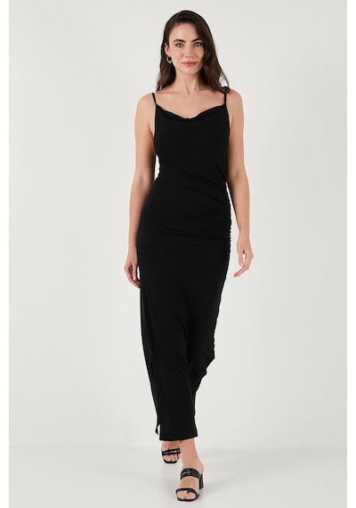 Lela Büzgü Detaylı Slim Fit Yırtmaçlı Uzun Boy Asimetrik Yaka Bayan Elbise 5866291 Siyah