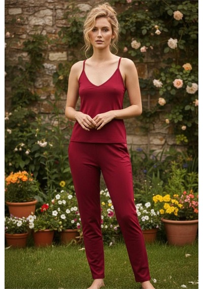 Siyah İnci Sırt Dantel Detaylı İp Askılı Örme Viskon Pijama Takım26120753 Bordo