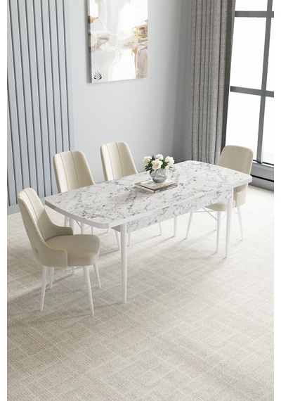 Zümra Serisi, Beyaz Mermer Desen 80x132 Açılabilir Mdf Mutfak Masası Takımı 4 Adet Sandalye Krem Zümra Serisi, Beyaz Mermer Desen 80x132 Açılabilir Mdf Mutfak Masası Takımı 4 Adet Sandalye Krem