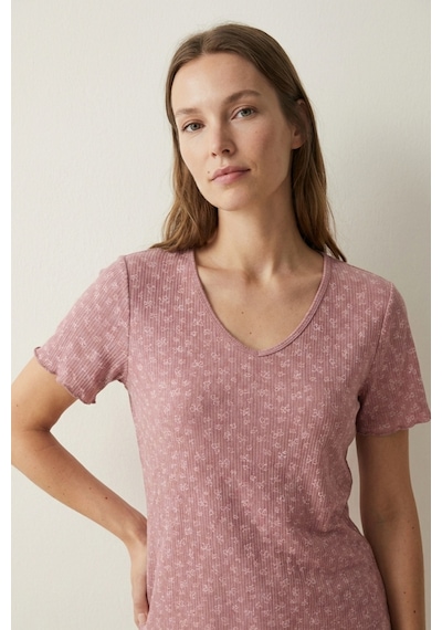 Elemge Kadın Bambu Pamuk Pijama Takımı Gül Kurusu Fitilli Regular Fit Alt & Üst İnce Kısa Kol Lastkli Esnek