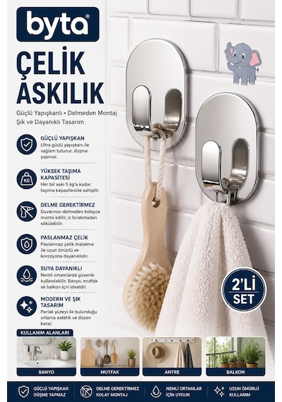 Paslanmaz Çelik Yapışkanlı Askılık 2'li Set Delmeden Montaj Duvar Askısı Banyo, Mutfak Ve Havlu Askılığı Gümüş