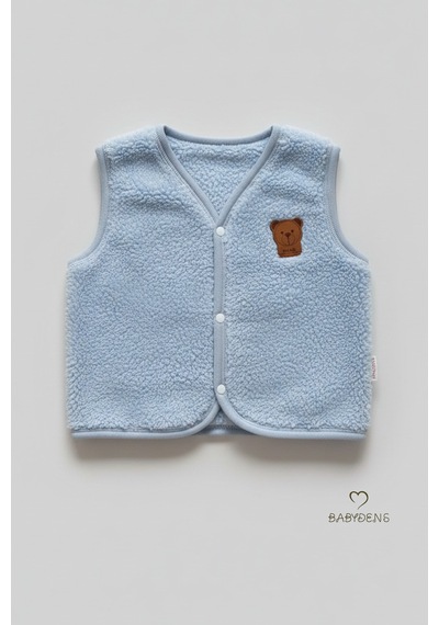 Babyden's Welsoft Erkek Bebek Çocuk Çıtçıtlı Yelek Ayıcık Armalı, Yumuşak Peluş Bebek Yeleği Bebe Mavisi