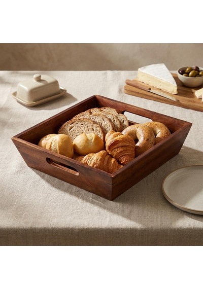 Akasya Ahşap Ekmek Sepeti 25 X 25 Cm, Kulplu Kare Sunum Sepeti, Kahvaltı, Ekmek, Kruvasan, Meyve Ve Sofra Sunumu İçin Dekoratif Ahşap Servis Sepeti