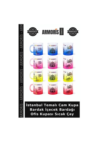 İstanbul Temalı Cam Kupa Bardak İçecek Bardağı Ofis Kupası Sıcak Çay Çok Renkli