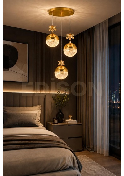 3'lü Gold Kristal Sarkıt Avize, Led Modern Salon Yemek Masası Mutfak Dekoratif Avize, 20 X 25 Cm Diğer